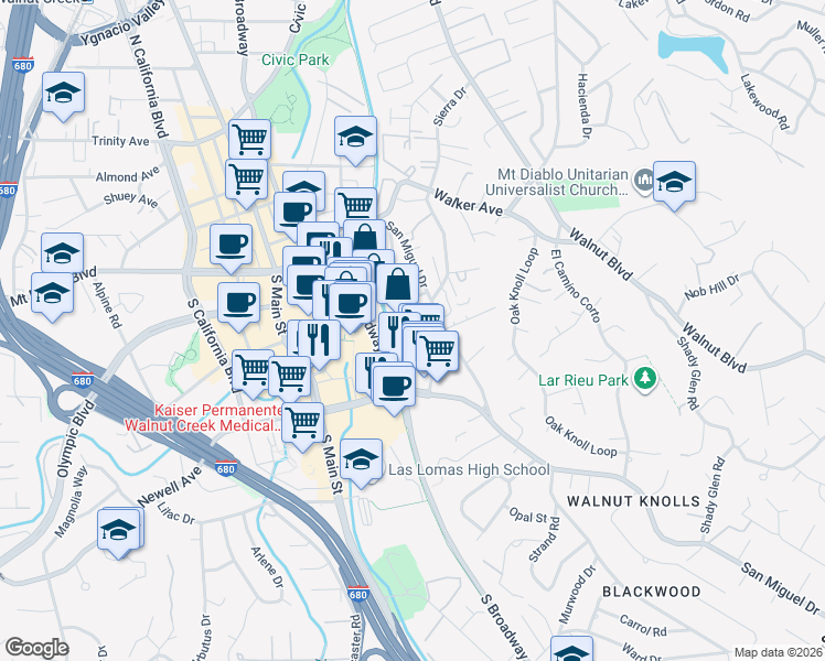 map of restaurants, bars, coffee shops, grocery stores, and more near 15 Holcomb Court in Walnut Creek