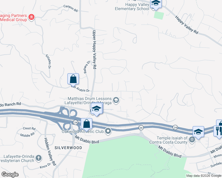 map of restaurants, bars, coffee shops, grocery stores, and more near 3954 Los Arabis Drive in Lafayette