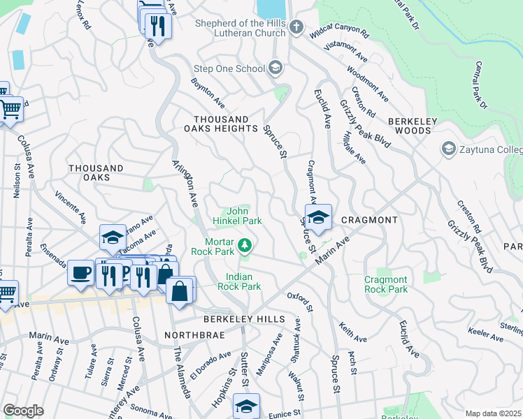map of restaurants, bars, coffee shops, grocery stores, and more near 771 San Luis Road in Berkeley