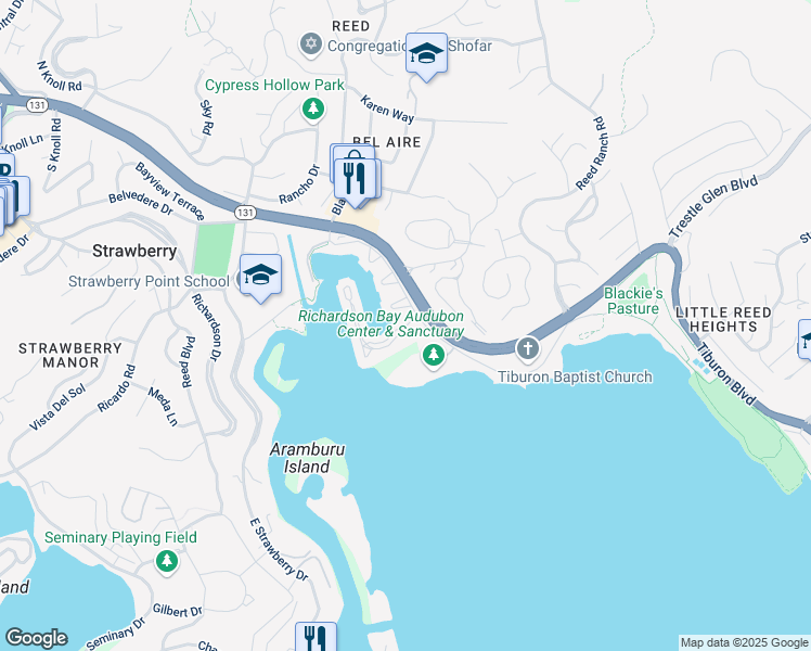 map of restaurants, bars, coffee shops, grocery stores, and more near 150 Barbaree Way in Belvedere Tiburon