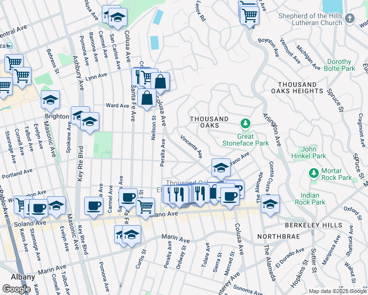 map of restaurants, bars, coffee shops, grocery stores, and more near 653 Colusa Avenue in Berkeley