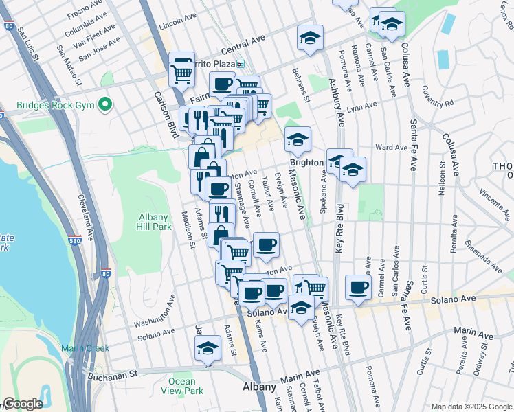 map of restaurants, bars, coffee shops, grocery stores, and more near Cornell Avenue & Garfield Avenue in Albany