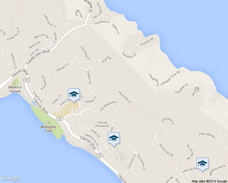 map of restaurants, bars, coffee shops, grocery stores, and more near 150 Hacienda Dr in Tiburon