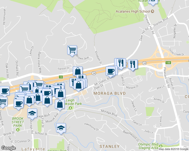 map of restaurants, bars, coffee shops, grocery stores, and more near 1059 Aileen Street in Lafayette