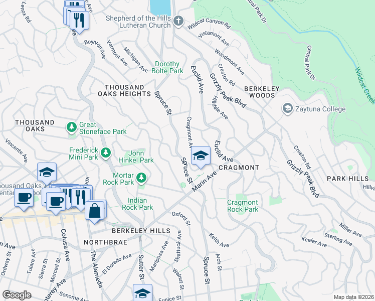 map of restaurants, bars, coffee shops, grocery stores, and more near 781 Cragmont Avenue in Berkeley