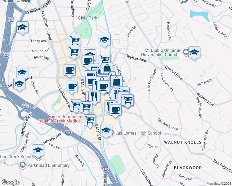 map of restaurants, bars, coffee shops, grocery stores, and more near 28 Holcomb Court in Walnut Creek