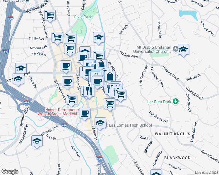 map of restaurants, bars, coffee shops, grocery stores, and more near 28 Holcomb Court in Walnut Creek