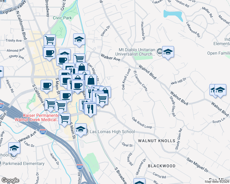 map of restaurants, bars, coffee shops, grocery stores, and more near 60 Analisa Lane in Walnut Creek