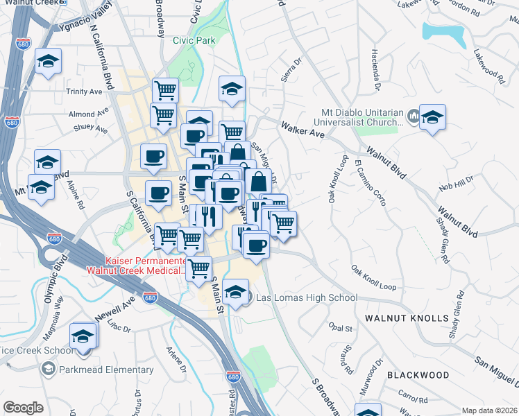map of restaurants, bars, coffee shops, grocery stores, and more near 16 Holcomb Court in Walnut Creek