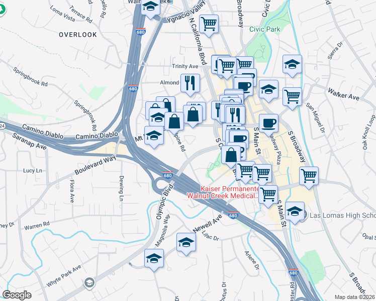 map of restaurants, bars, coffee shops, grocery stores, and more near 1870 Olympic Boulevard in Walnut Creek