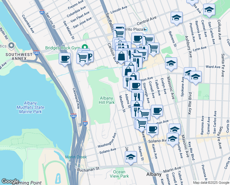 map of restaurants, bars, coffee shops, grocery stores, and more near 537 Madison Street in Albany