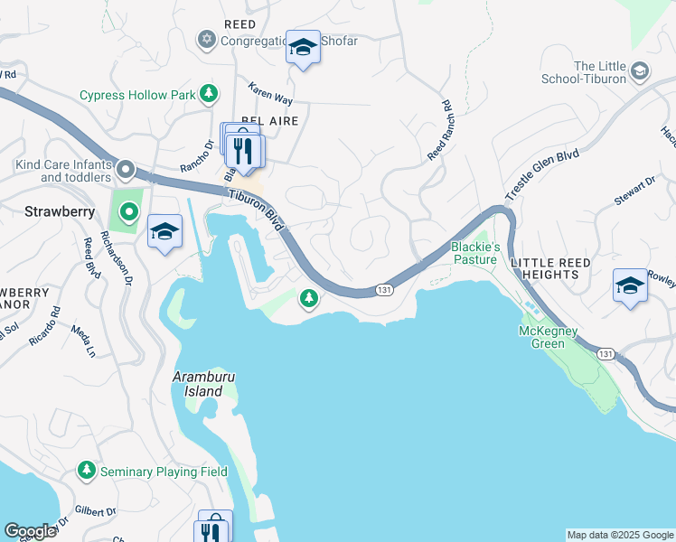 map of restaurants, bars, coffee shops, grocery stores, and more near 6 Janet Way in Tiburon