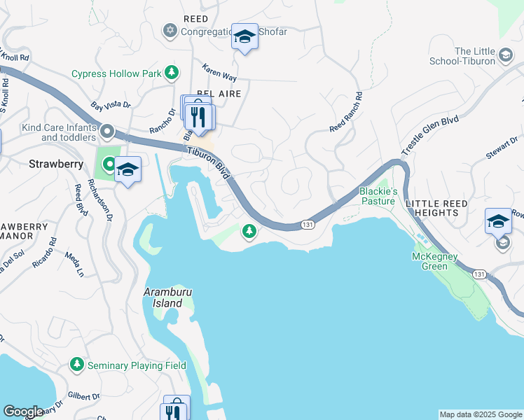 map of restaurants, bars, coffee shops, grocery stores, and more near 6 Janet Way in Tiburon