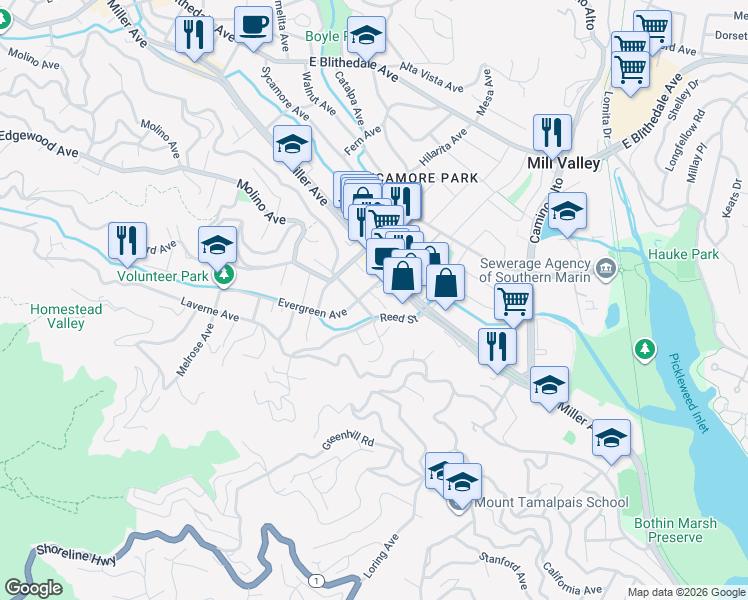 map of restaurants, bars, coffee shops, grocery stores, and more near 21 Evergreen Avenue in Mill Valley