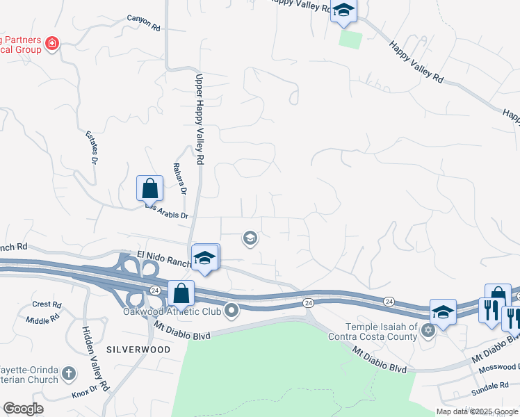 map of restaurants, bars, coffee shops, grocery stores, and more near 3938 Los Arabis Drive in Lafayette