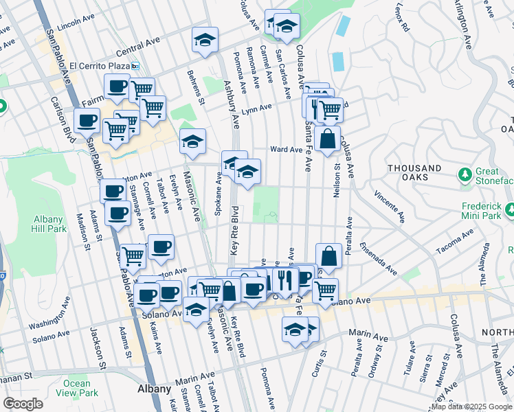 map of restaurants, bars, coffee shops, grocery stores, and more near 603 Key Route Boulevard in Albany