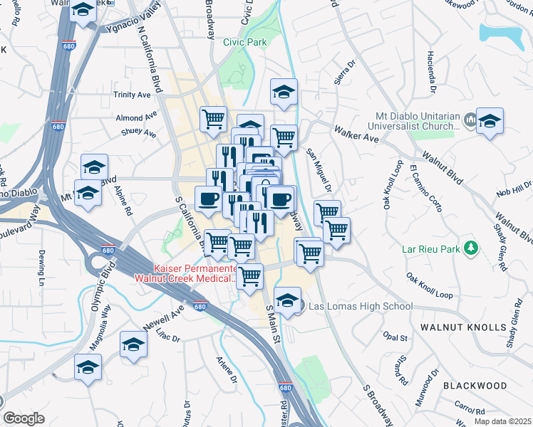 map of restaurants, bars, coffee shops, grocery stores, and more near 1272 Broadway Plaza in Walnut Creek