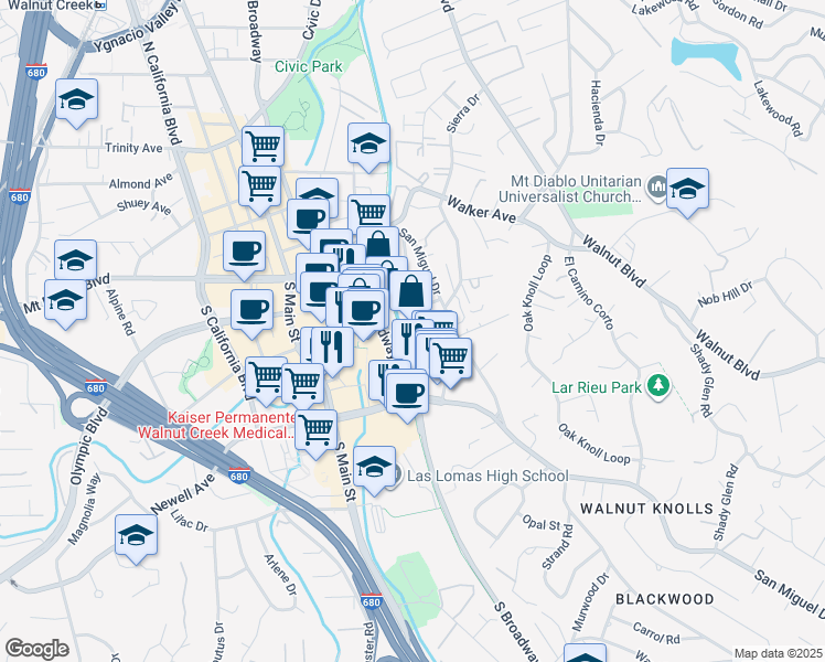 map of restaurants, bars, coffee shops, grocery stores, and more near 16 Holcomb Court in Walnut Creek