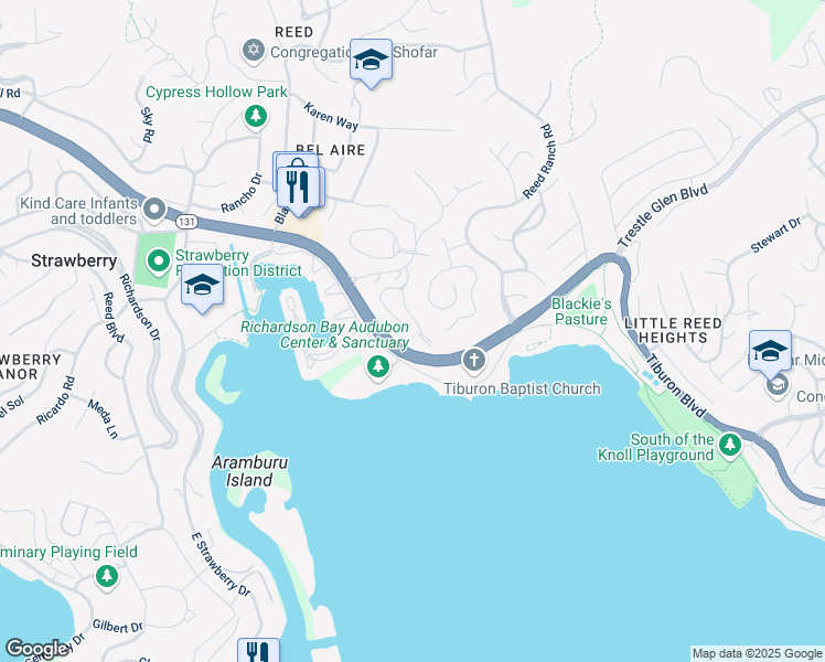 map of restaurants, bars, coffee shops, grocery stores, and more near 14 Janet Way in Tiburon
