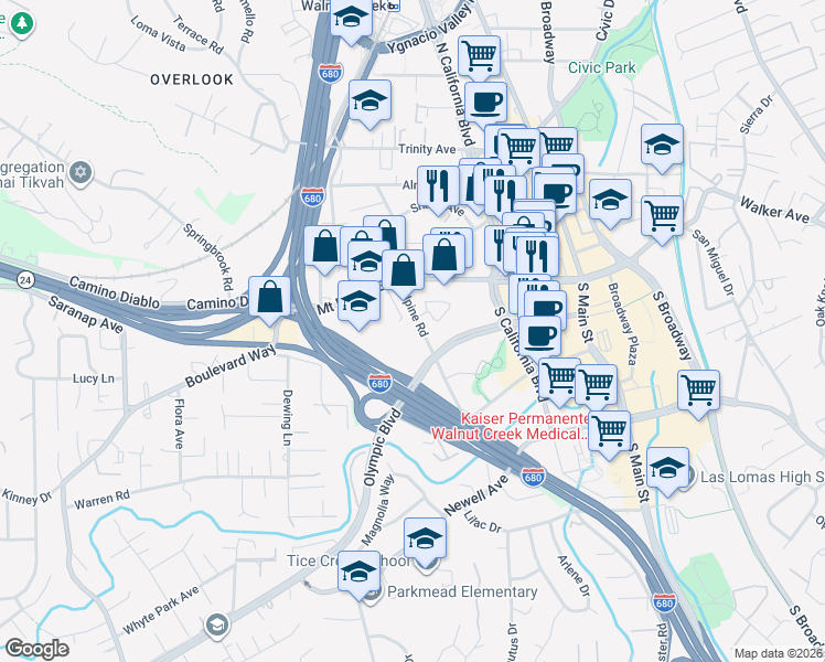 map of restaurants, bars, coffee shops, grocery stores, and more near 1225 Alpine Road in Walnut Creek