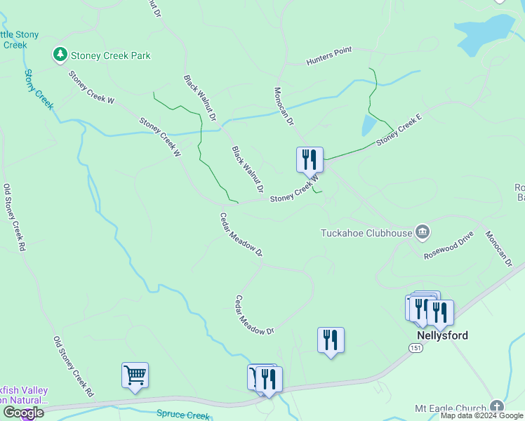 map of restaurants, bars, coffee shops, grocery stores, and more near 1162 Stoney Creek West in Nellysford