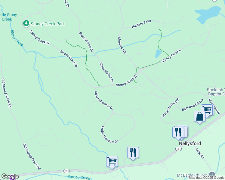 map of restaurants, bars, coffee shops, grocery stores, and more near 1162 Stoney Creek West in Nellysford