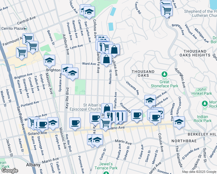 map of restaurants, bars, coffee shops, grocery stores, and more near 642 Neilson Street in Berkeley