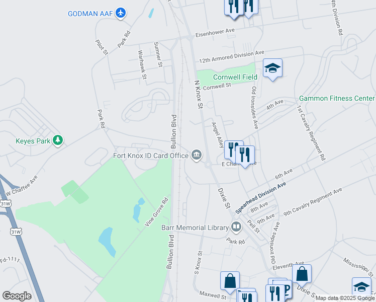 map of restaurants, bars, coffee shops, grocery stores, and more near Pershing Drive in Fort Knox