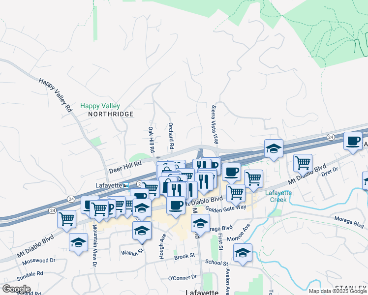 map of restaurants, bars, coffee shops, grocery stores, and more near 1118 Hillcrest Drive in Lafayette