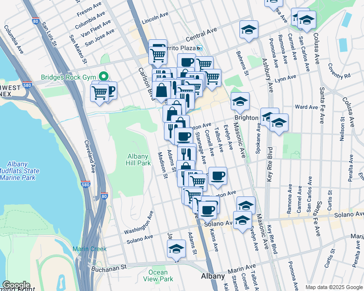 map of restaurants, bars, coffee shops, grocery stores, and more near 545 San Pablo Avenue in Albany