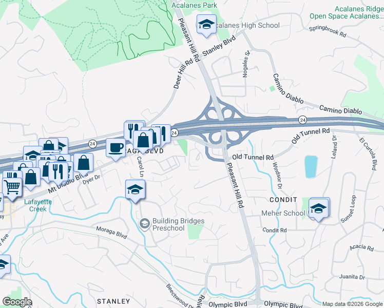 map of restaurants, bars, coffee shops, grocery stores, and more near 3279 Mount Diablo Court in Lafayette