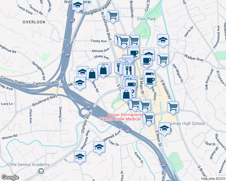 map of restaurants, bars, coffee shops, grocery stores, and more near 1768 Olympic Boulevard in Walnut Creek
