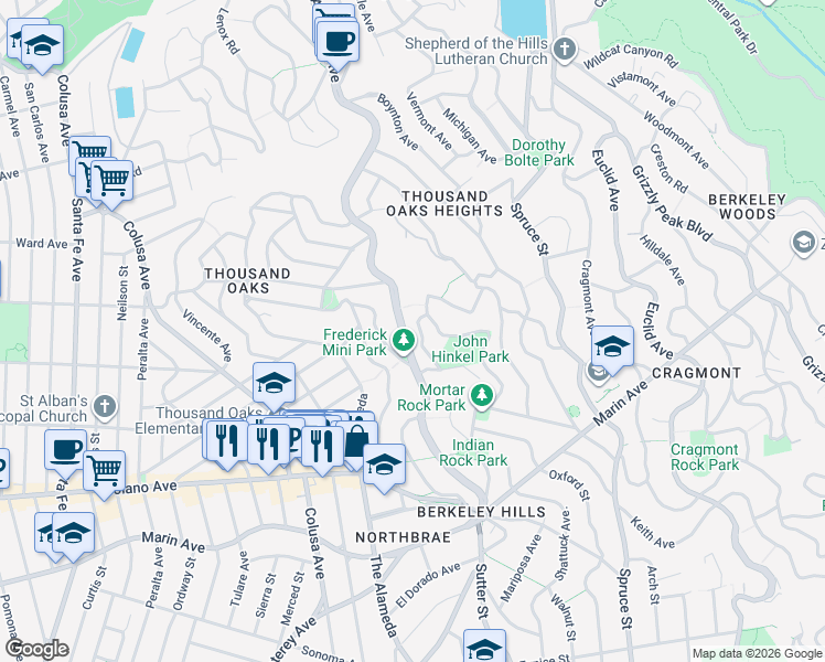 map of restaurants, bars, coffee shops, grocery stores, and more near 75 Southampton Avenue in Berkeley