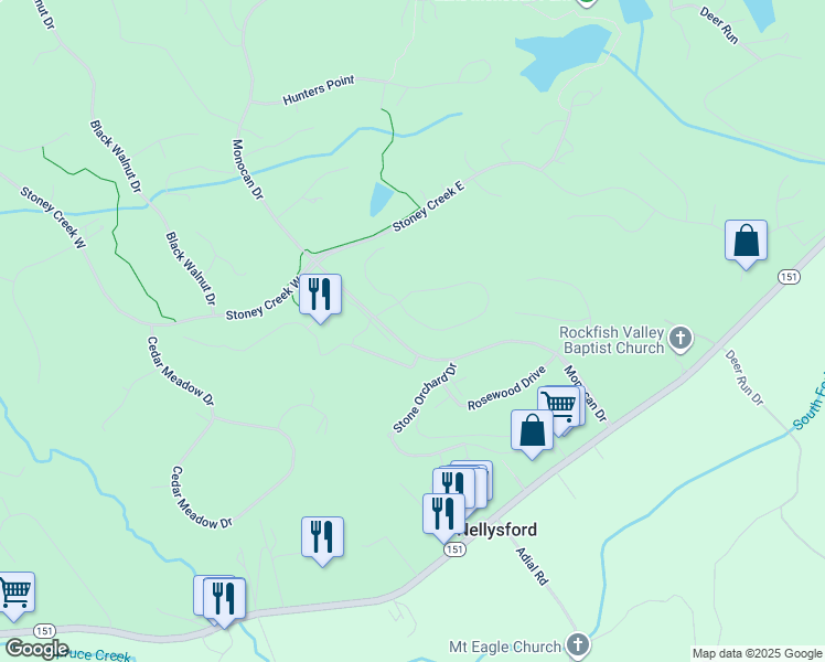 map of restaurants, bars, coffee shops, grocery stores, and more near Cedar Glen Close in Nellysford