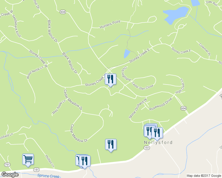 map of restaurants, bars, coffee shops, grocery stores, and more near 1278 Stoney Creek West in Nellysford