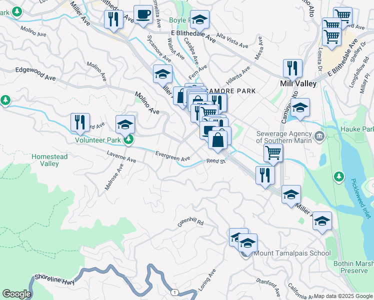 map of restaurants, bars, coffee shops, grocery stores, and more near 544 Ethel Ave in Mill Valley