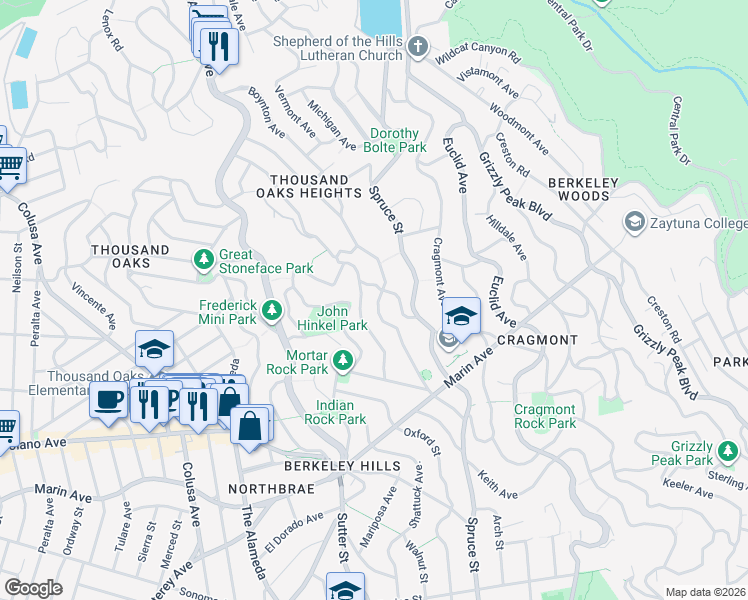 map of restaurants, bars, coffee shops, grocery stores, and more near 774 Santa Barbara Road in Berkeley