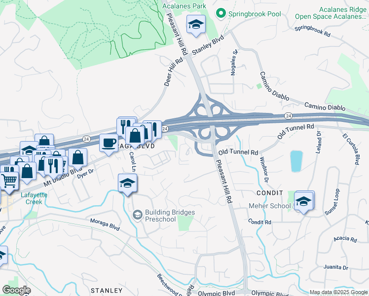 map of restaurants, bars, coffee shops, grocery stores, and more near 3279 Mount Diablo Court in Lafayette