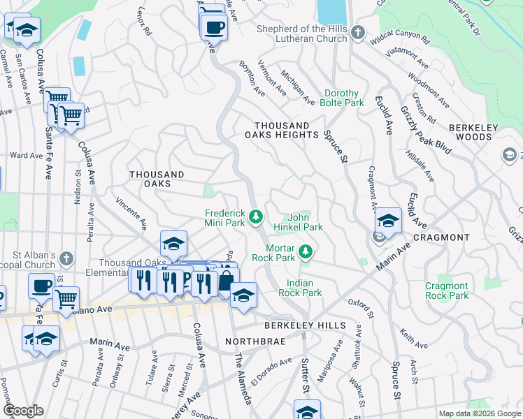 map of restaurants, bars, coffee shops, grocery stores, and more near 75 Southampton Avenue in Berkeley