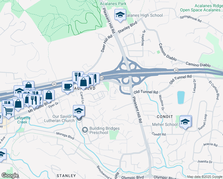 map of restaurants, bars, coffee shops, grocery stores, and more near 3279 Mount Diablo Court in Lafayette