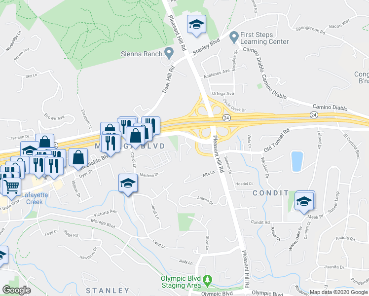 map of restaurants, bars, coffee shops, grocery stores, and more near 3279 Mount Diablo Court in Lafayette