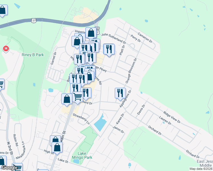map of restaurants, bars, coffee shops, grocery stores, and more near 119 Orchard Court in Nicholasville