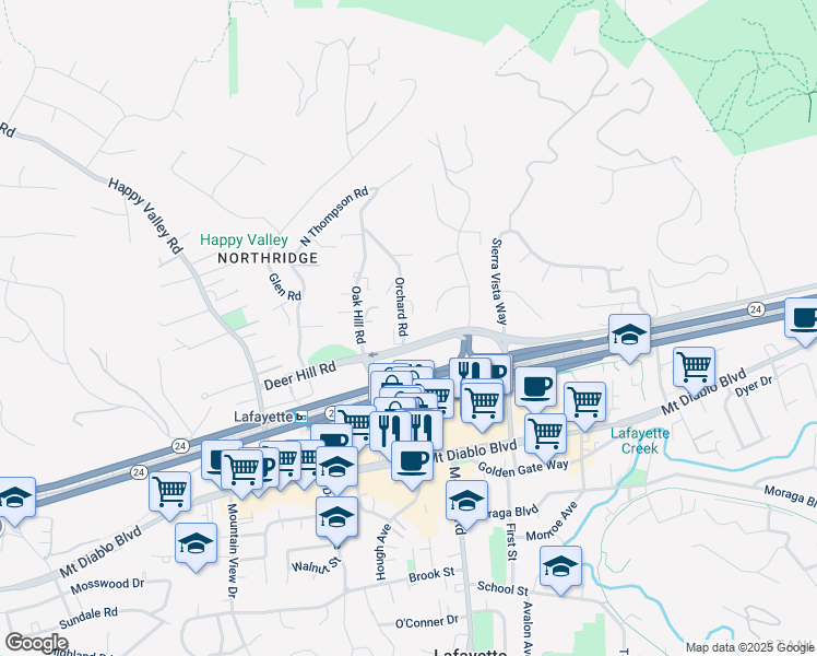 map of restaurants, bars, coffee shops, grocery stores, and more near 1064 Orchard Road in Lafayette