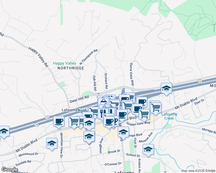 map of restaurants, bars, coffee shops, grocery stores, and more near 1064 Orchard Road in Lafayette