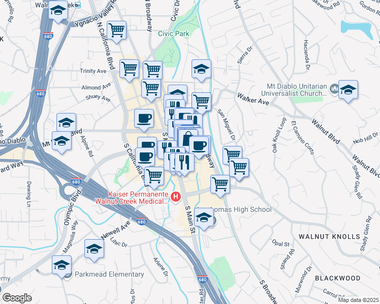 map of restaurants, bars, coffee shops, grocery stores, and more near 1272 Broadway Plaza in Walnut Creek