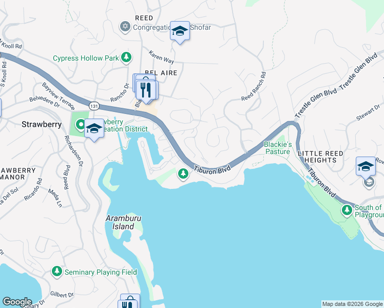 map of restaurants, bars, coffee shops, grocery stores, and more near 34 Andrew Drive in Tiburon
