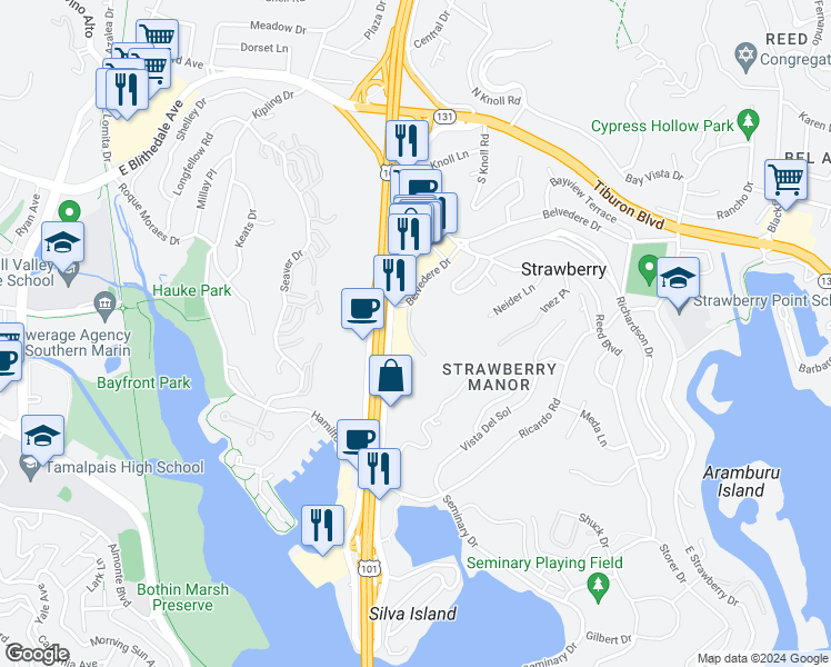 map of restaurants, bars, coffee shops, grocery stores, and more near 1 Belvedere Drive in Mill Valley