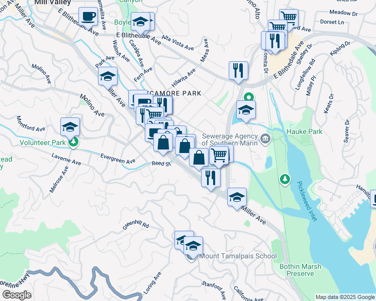 map of restaurants, bars, coffee shops, grocery stores, and more near 1 Plymouth Avenue in Mill Valley