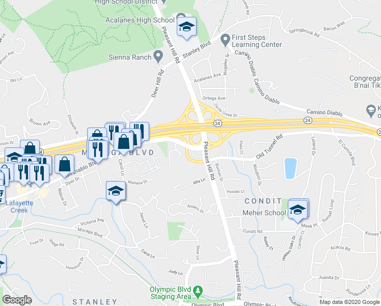 map of restaurants, bars, coffee shops, grocery stores, and more near 12 Shreve Lane in Lafayette
