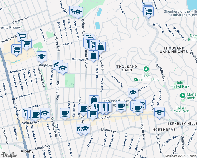 map of restaurants, bars, coffee shops, grocery stores, and more near 633 Neilson Street in Berkeley